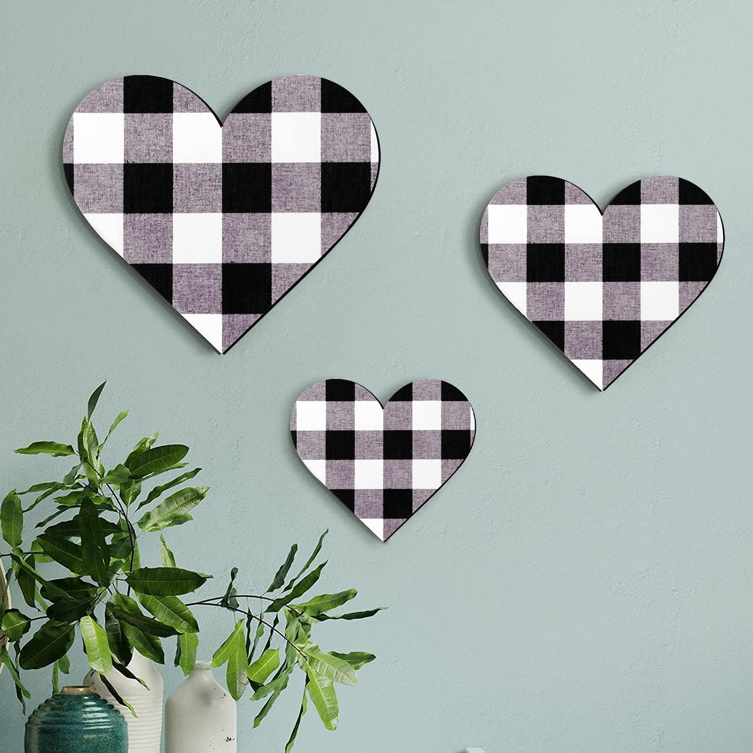 Jetec 3 Pcs Heart Shaped Wood Sign Gray Purple Buffalo Plaid Christmas Wall Decor Farmhouse Rustic Wooden Heart Hanging Wall Sign for Kitchen Bedroom Bathroom Living Room Gift, 3 Sizes